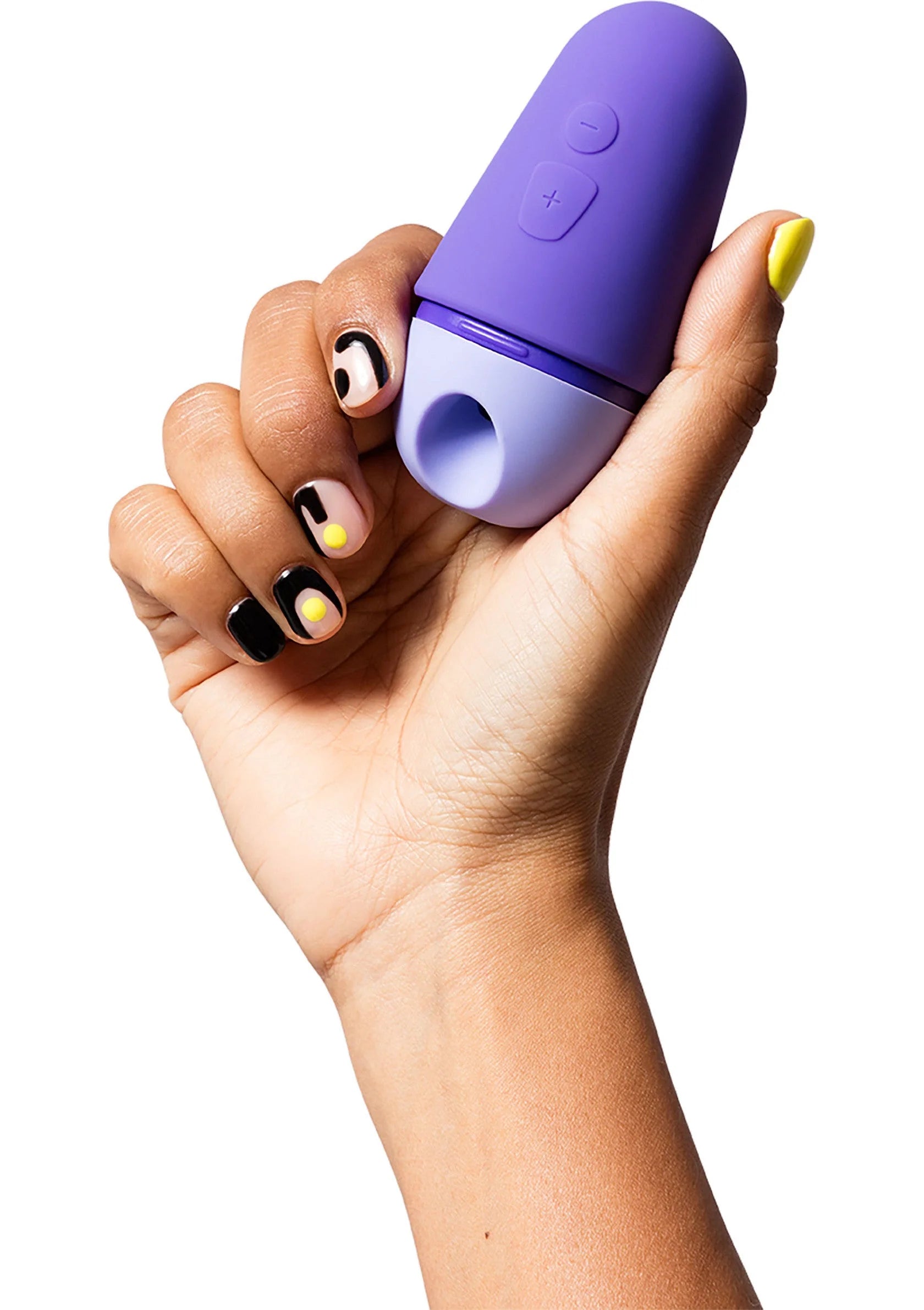 Airpressure vibrator van Romp in paarse behuizing, vastgehouden in hand