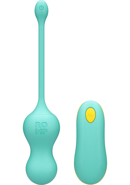 Turquoise Cello-tip G-spot vibrator van Romp met korte bedieningsunit.
