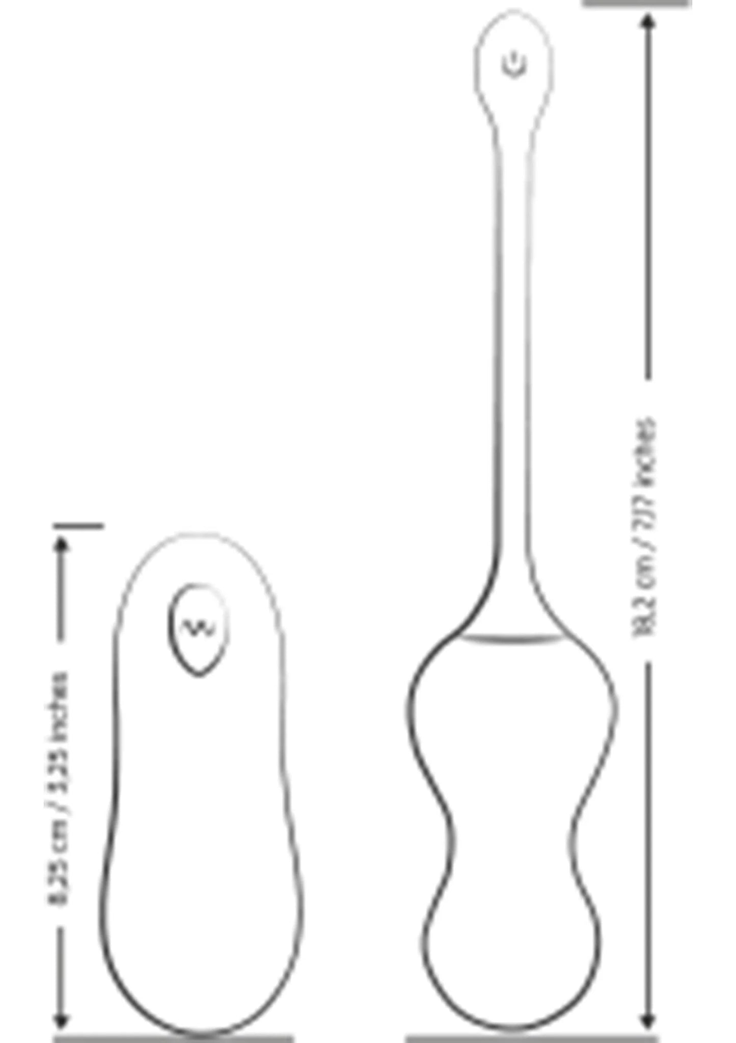 Afmetingen en vorm van turkooiskleurige Romp Cello G-spot vibrator, schema