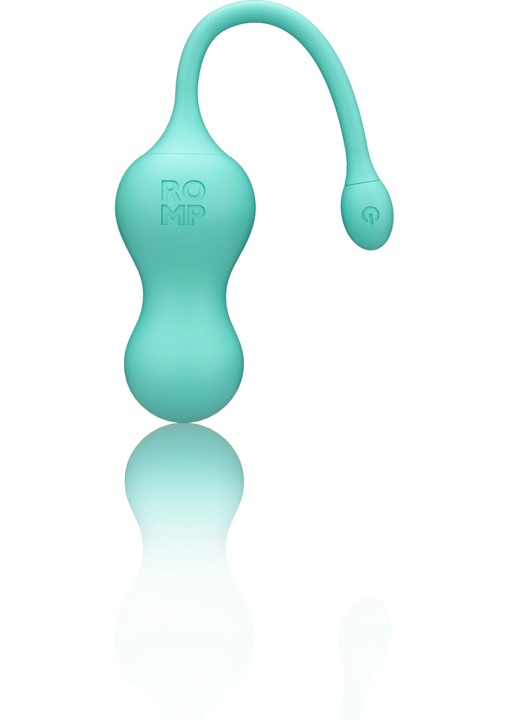 Turquoise g-spot vibrator met ronde body en gebogen steel, van voren met spiegelbeeld