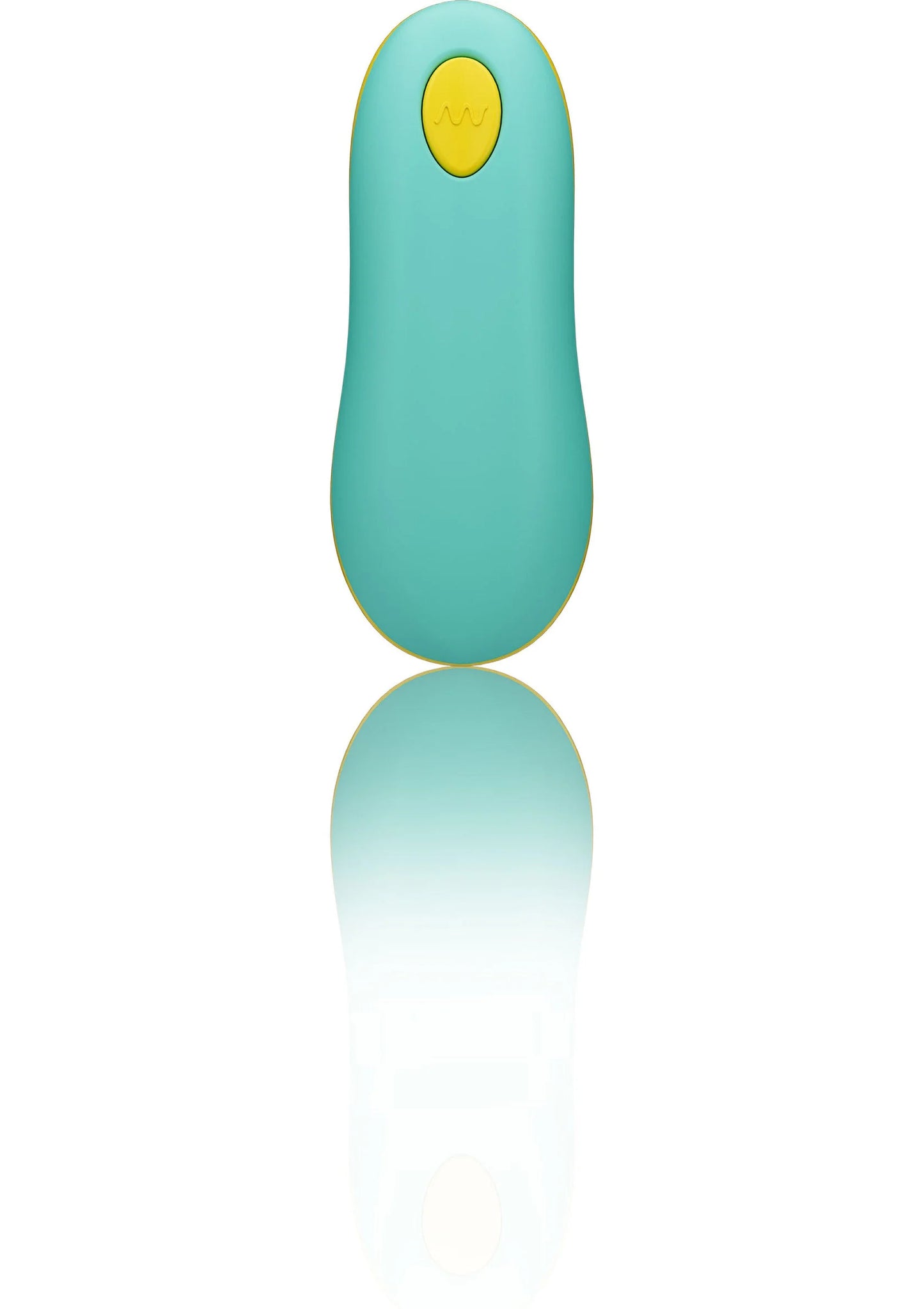 Turquoise g-spot vibrator achterzijde met gele knop en gebogen steel, met spiegeling