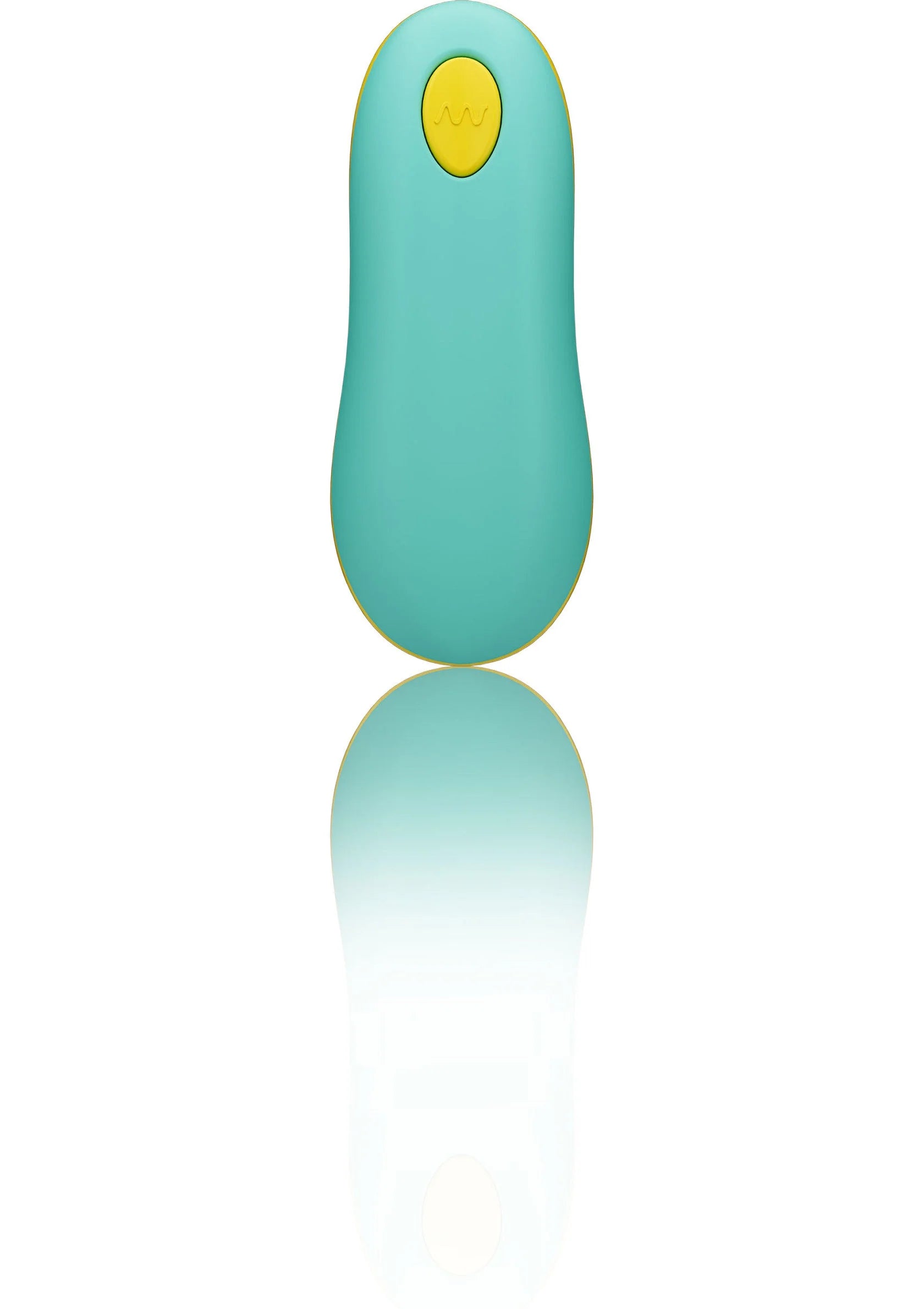 Turquoise g-spot vibrator achterzijde met gele knop en gebogen steel, met spiegeling