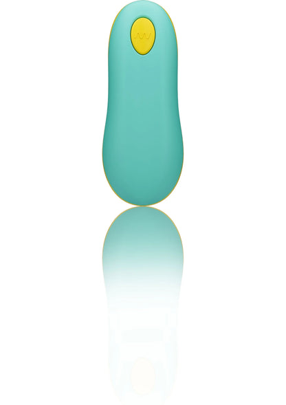 Turquoise g-spot vibrator achterzijde met gele knop en gebogen steel, met spiegeling