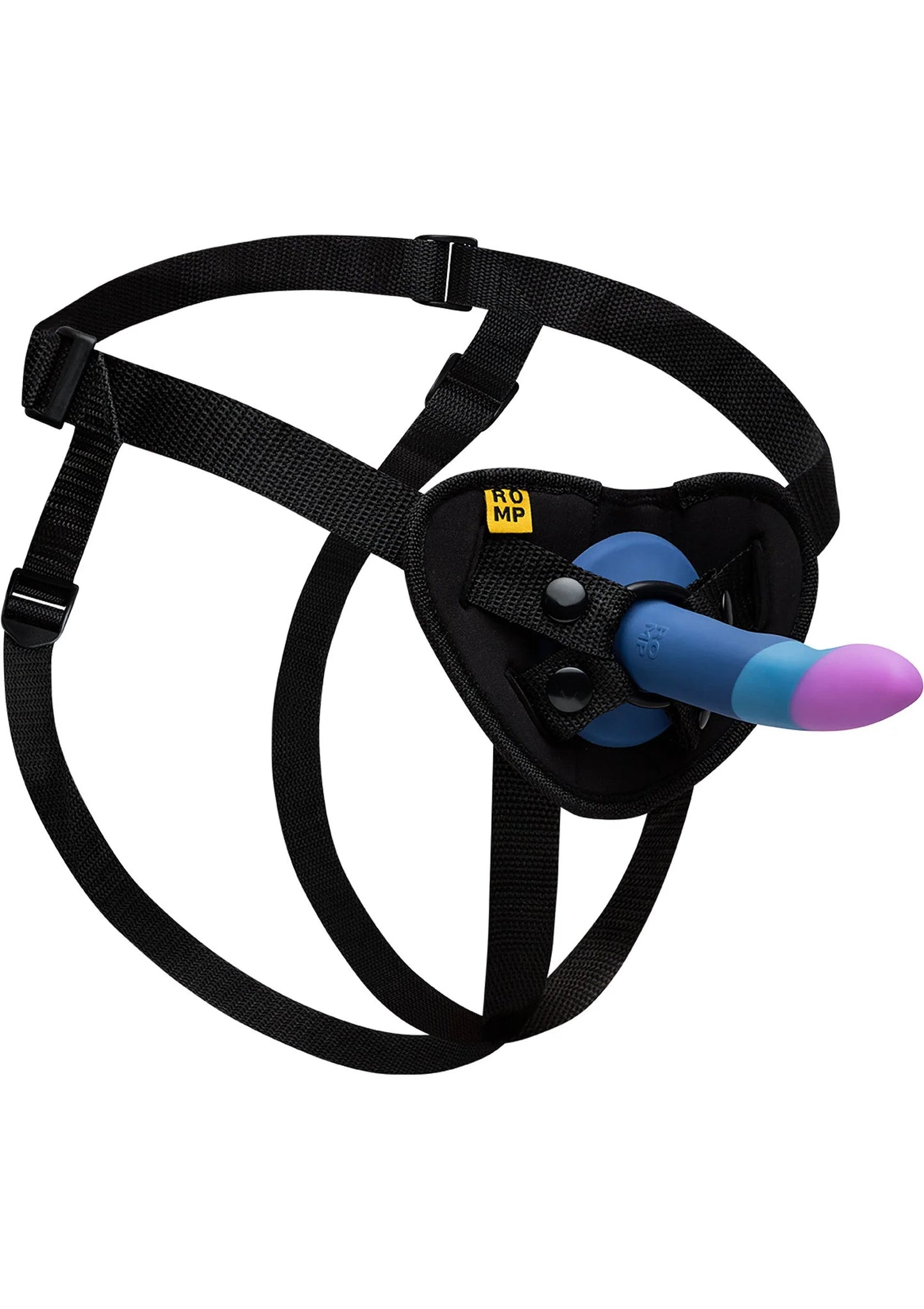 Romp Piccolo pegging-kit: zwarte heupriem met blauwe–paarse dildo