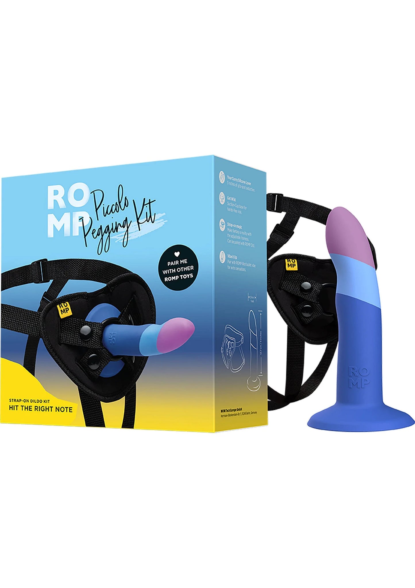 Romp Piccolo pegging-kit in verpakking met blauwe–paarse dildo