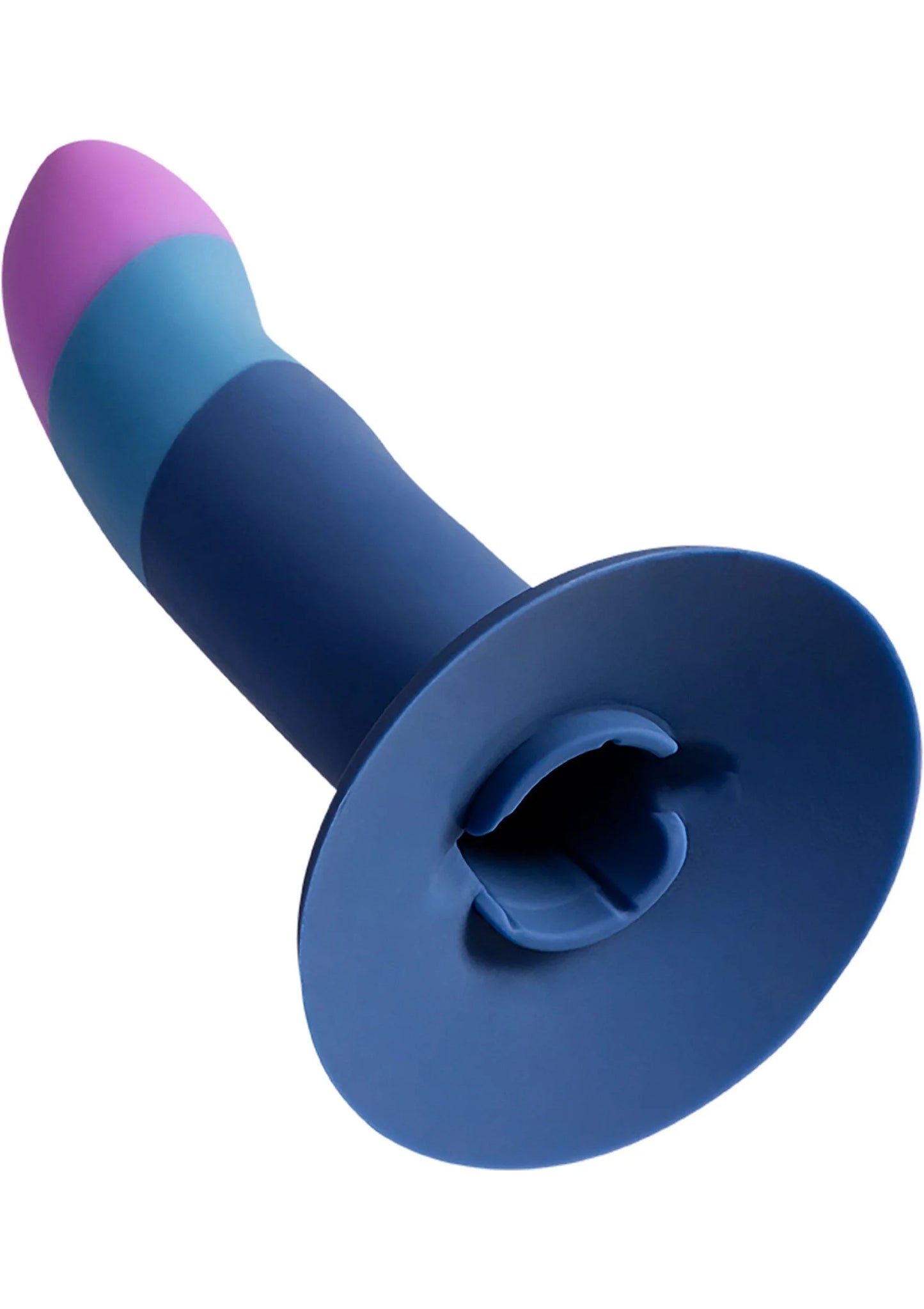 Blauwe–paarse dildo met ronde zuignapbasis, close-up