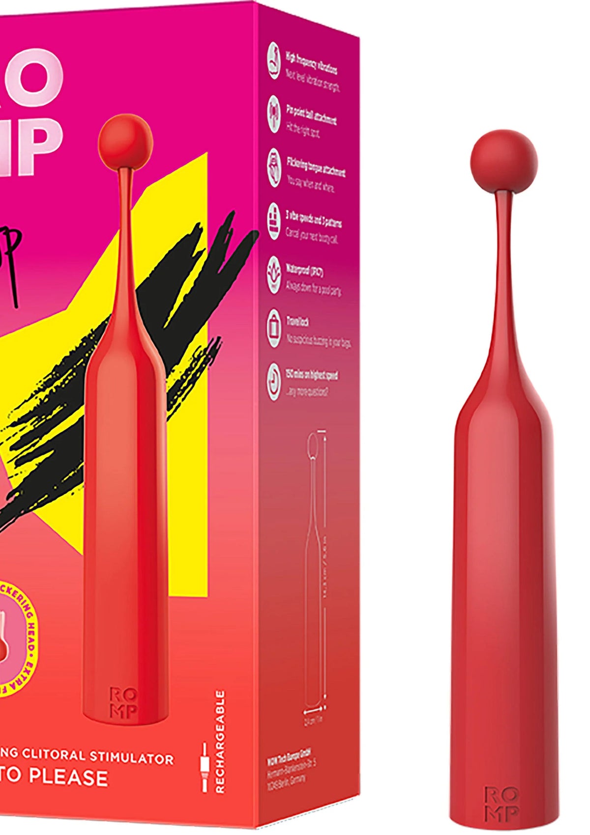 Romp tip-vibrator in rode verpakking en los afgebeeld, ronde kop en steel
