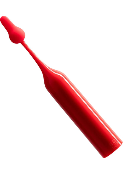 Rode Romp pop-tip vibrator met afgeronde kop en gladde behuizing, zijaanzicht
