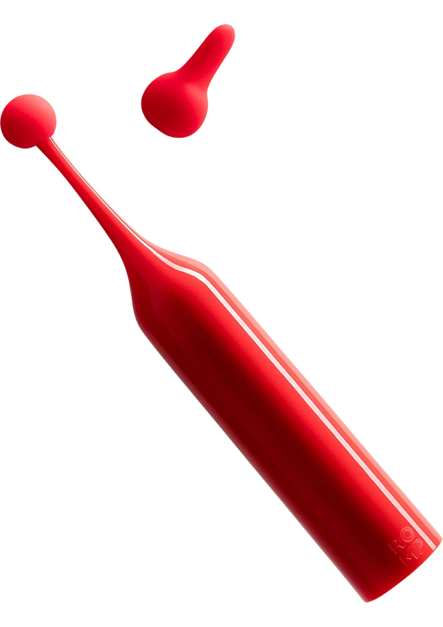Rode Romp pop-tip vibrator met kleine ronde knop, schuin zijaanzicht