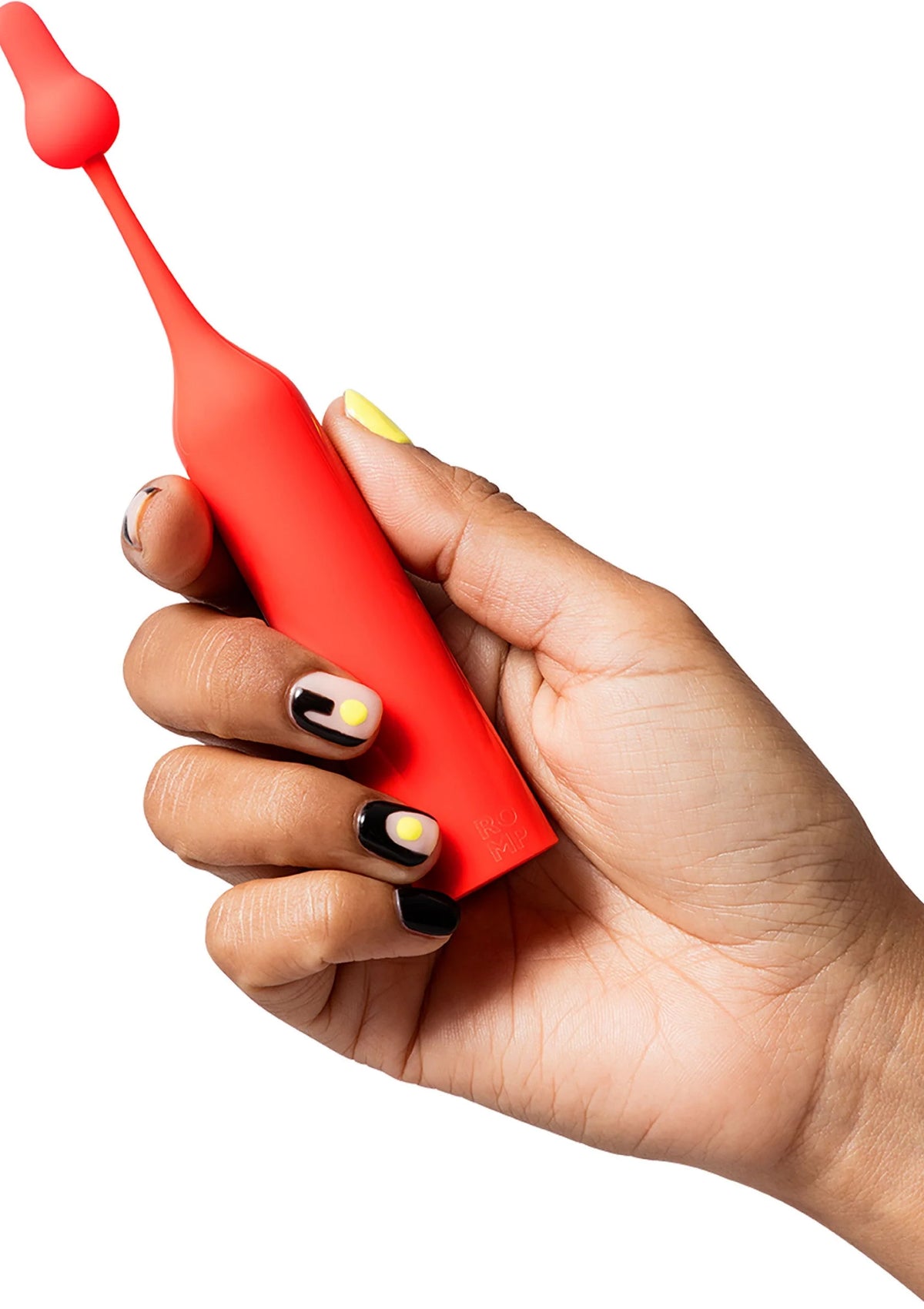 Rode Romp-vibrator in hand, met ronde opzet en gladde body
