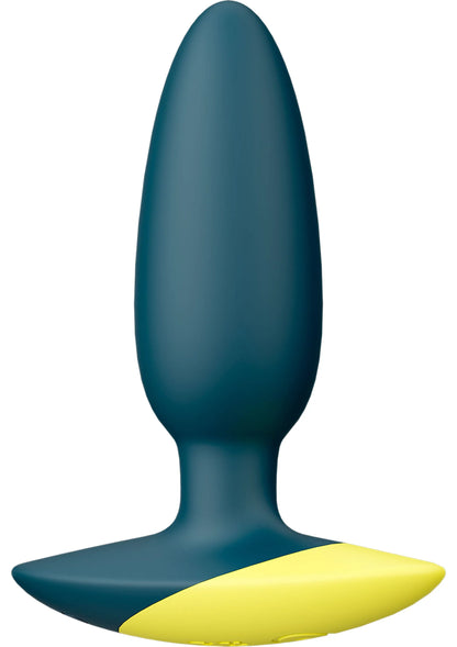 Vibrerende anaalplug in blauw met gele onderzijde en afgeronde basis.