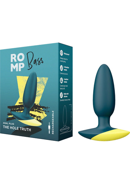 Romp Bass vibrerende anaalplug; doos en blauwe plug met gele basis.
