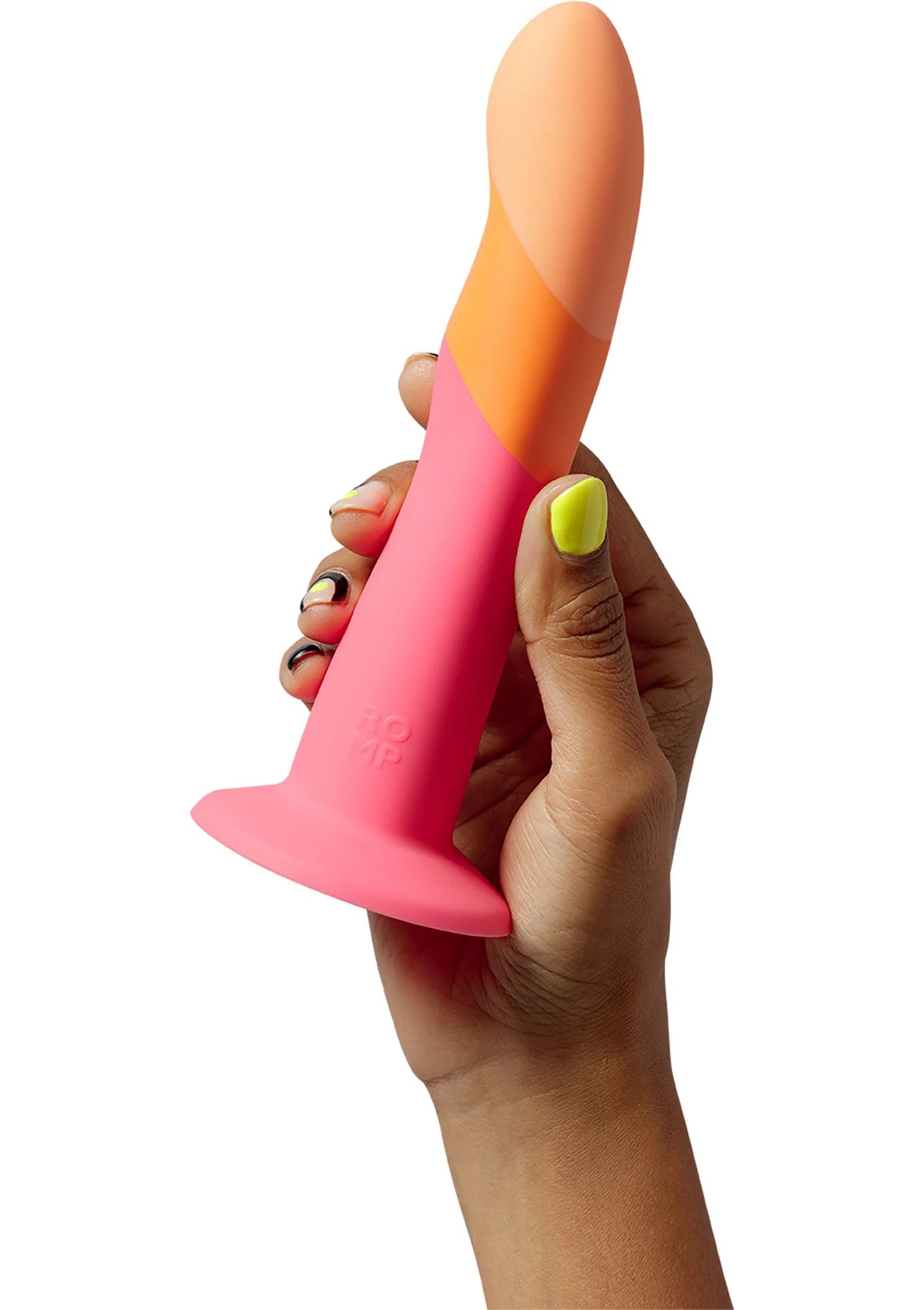 Romp Dizi G-spot vibrator, roze-oranje, vastgehouden in een hand