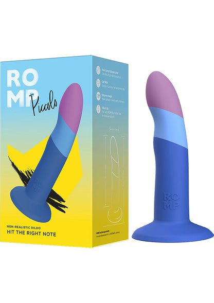 Verpakte dildo met blauwe steel en paarse bovenkant, staand in doos