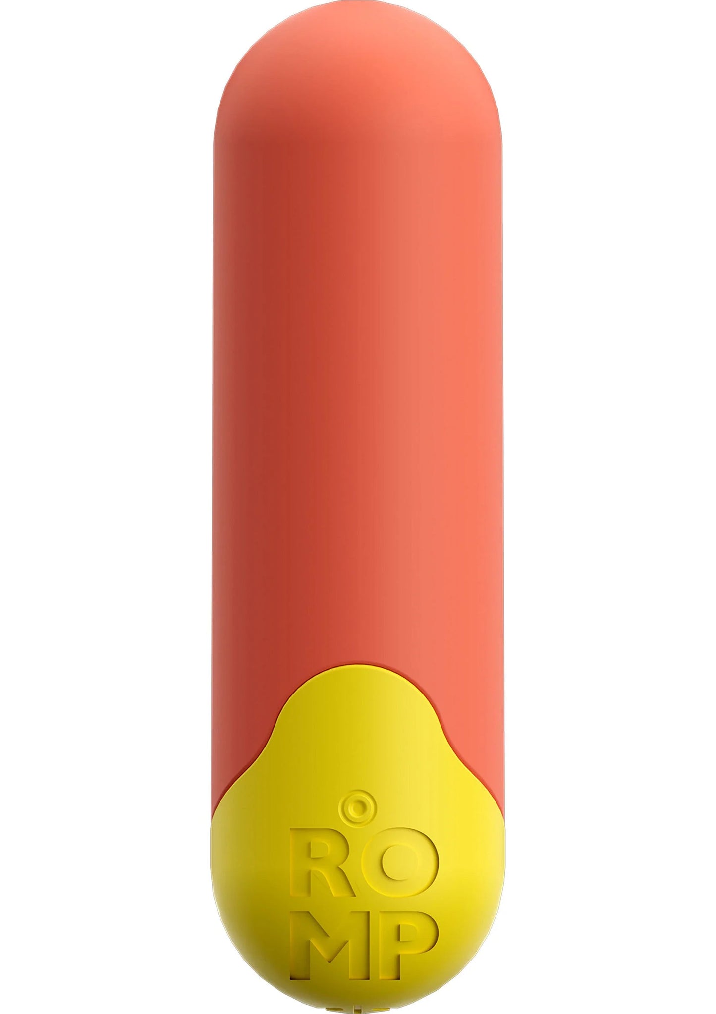 Mini vibrerende bullet-vibrator, oranje behuizing met gele basis en logo