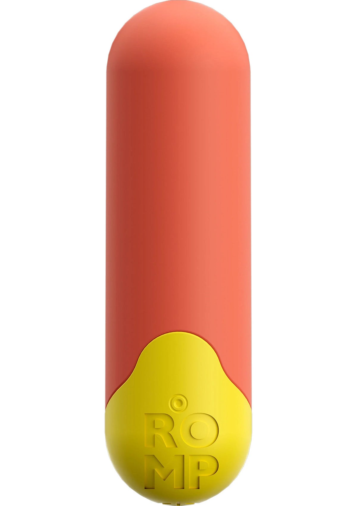 Mini vibrerende bullet-vibrator, oranje behuizing met gele basis en logo