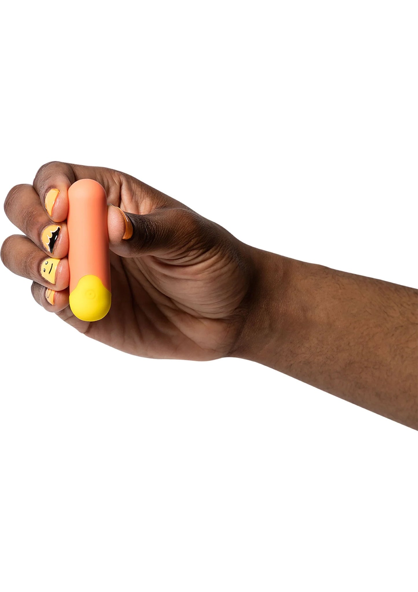 Romp Riot mini vibratortje in hand: felgele gadget met oranje uiteinde en knopjes