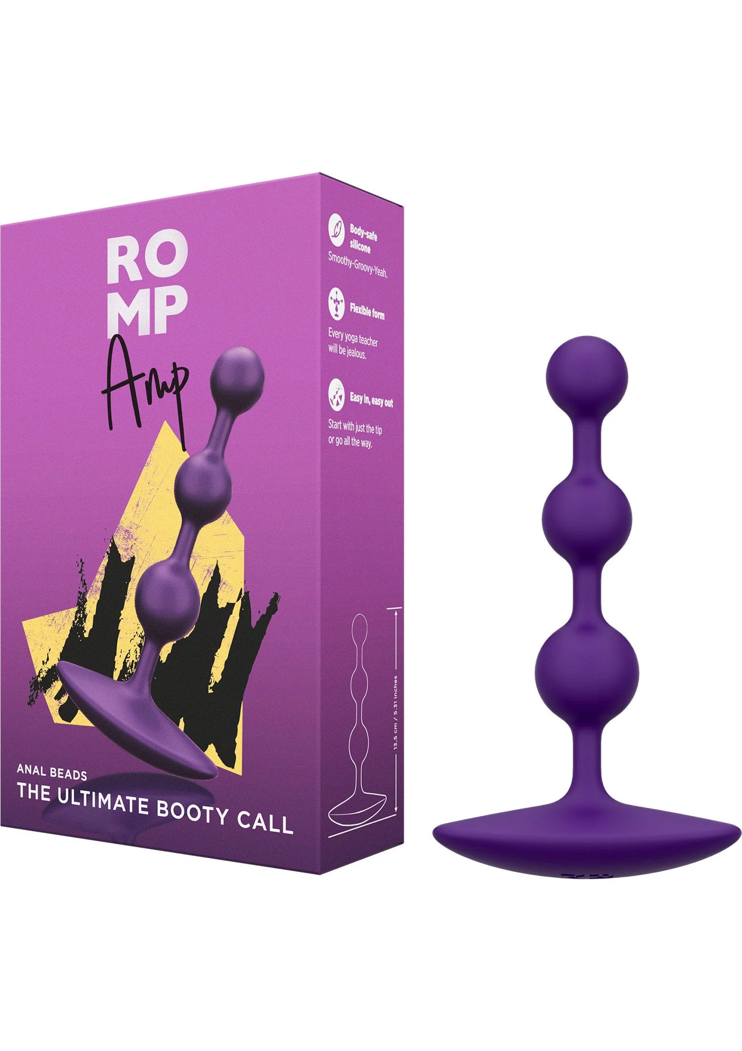 Romp anale buttplug in paarse kleur met drie ronde delen, doos en product