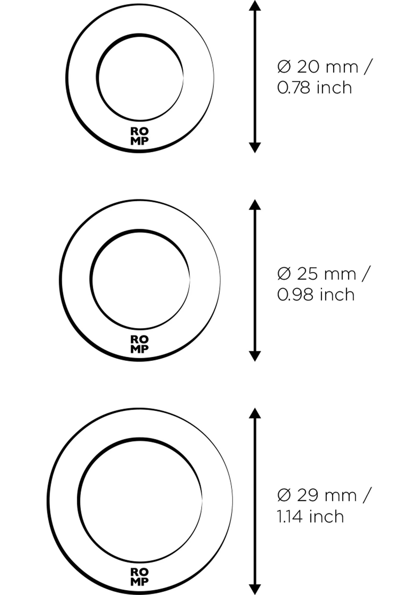 Cockring-set met 3 ringen: Ø20, Ø25 en Ø29 mm, maatdiagram