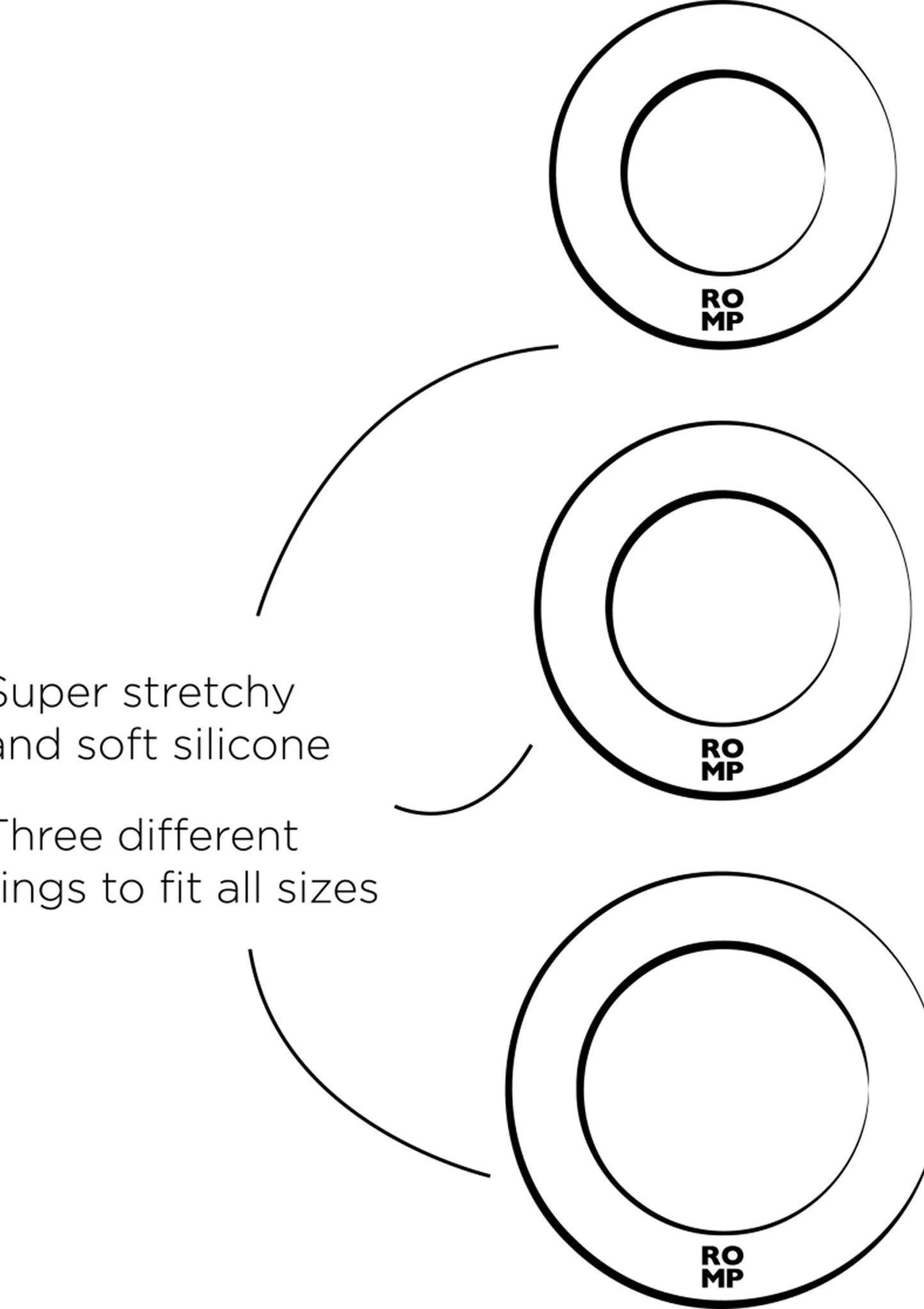 Maatdiagram met drie paarse siliconen cockringvarianten, elk met maatmarkering