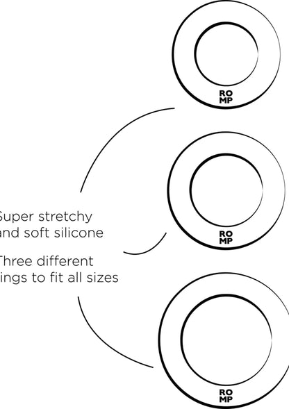 Maatdiagram met drie paarse siliconen cockringvarianten, elk met maatmarkering