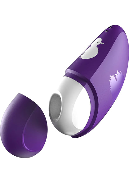 Lucht-druk vibrator in paars en wit met ronde kop en los opzetstuk.