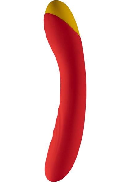 Romp Hype-vibrator, lange gebogen rode behuizing met gele top en onderkant