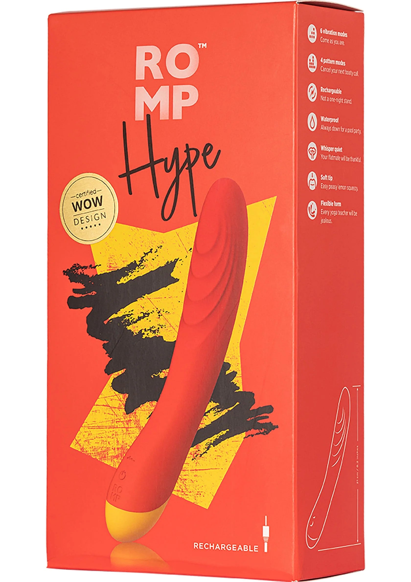 Romp Hype-vibrator verpakking, rode doos met productillustratie en tekst