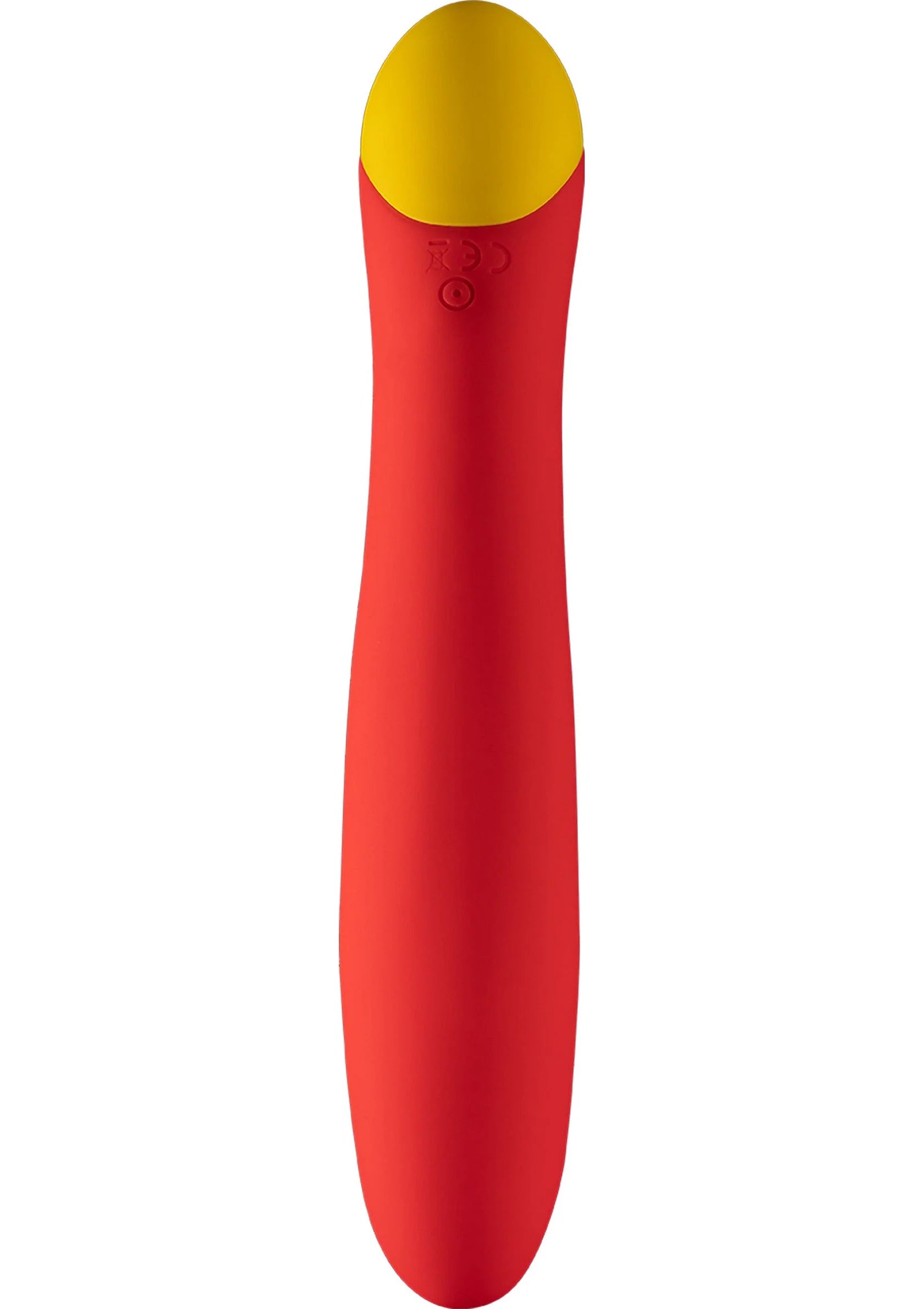 Romp Hype-vibrator, rode behuizing met gele ovale kop, rechtop afgebeeld