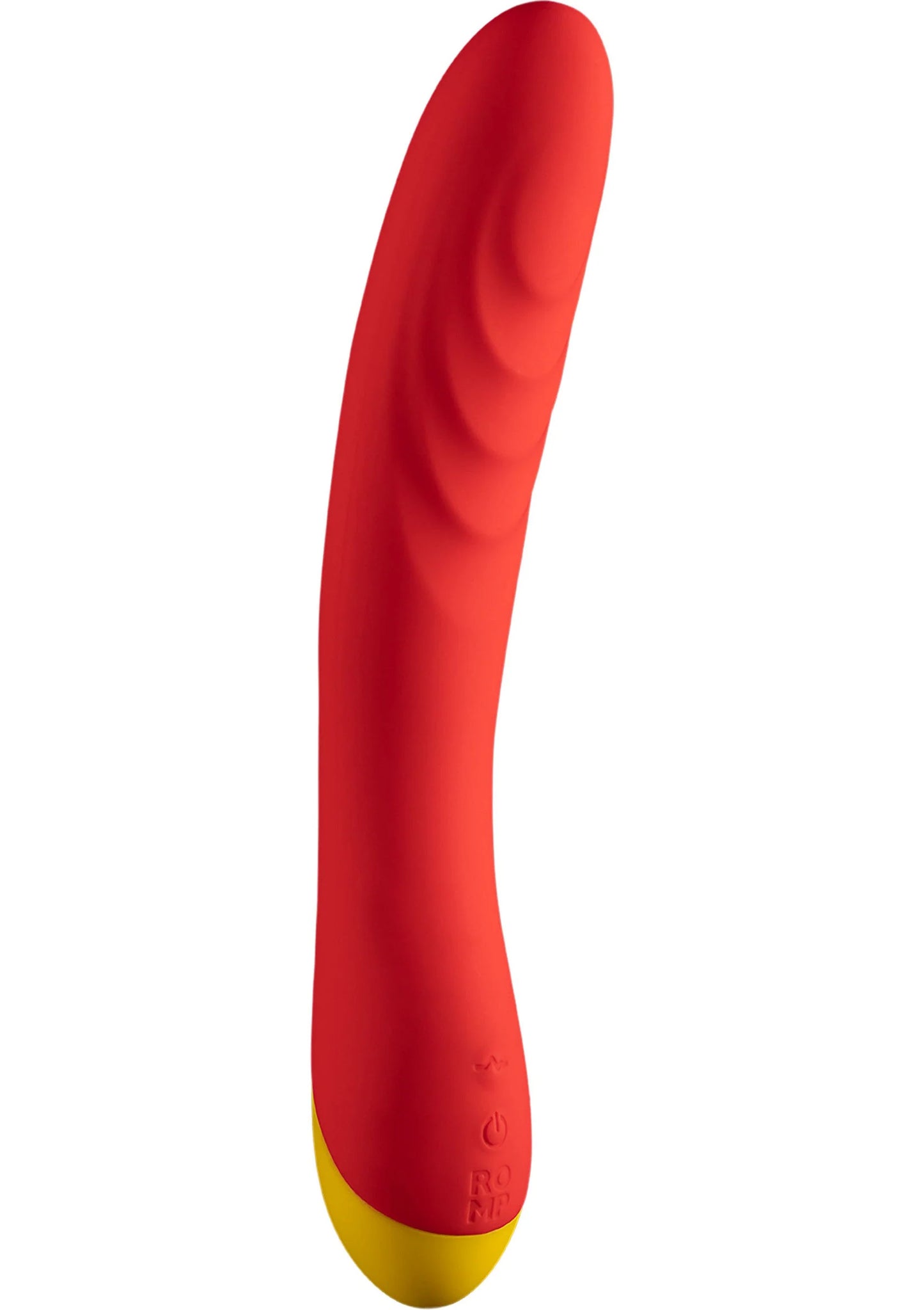 Romp Hype-vibrator, zijaanzicht van rode gebogen behuizing met gele onderkant
