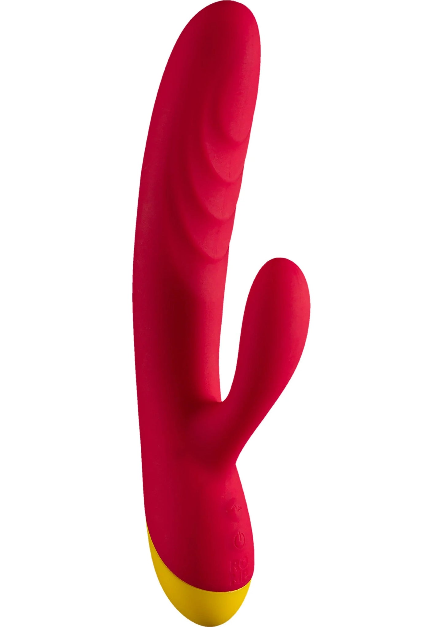 Rode seksvibrator met gele basis, staand met gebogen dubbel lichaam