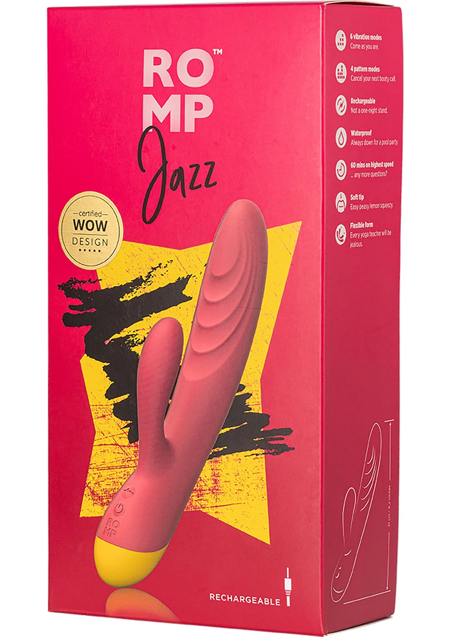 Doos van Romp Jazz seksvibrator in rood met afbeelding van het apparaat