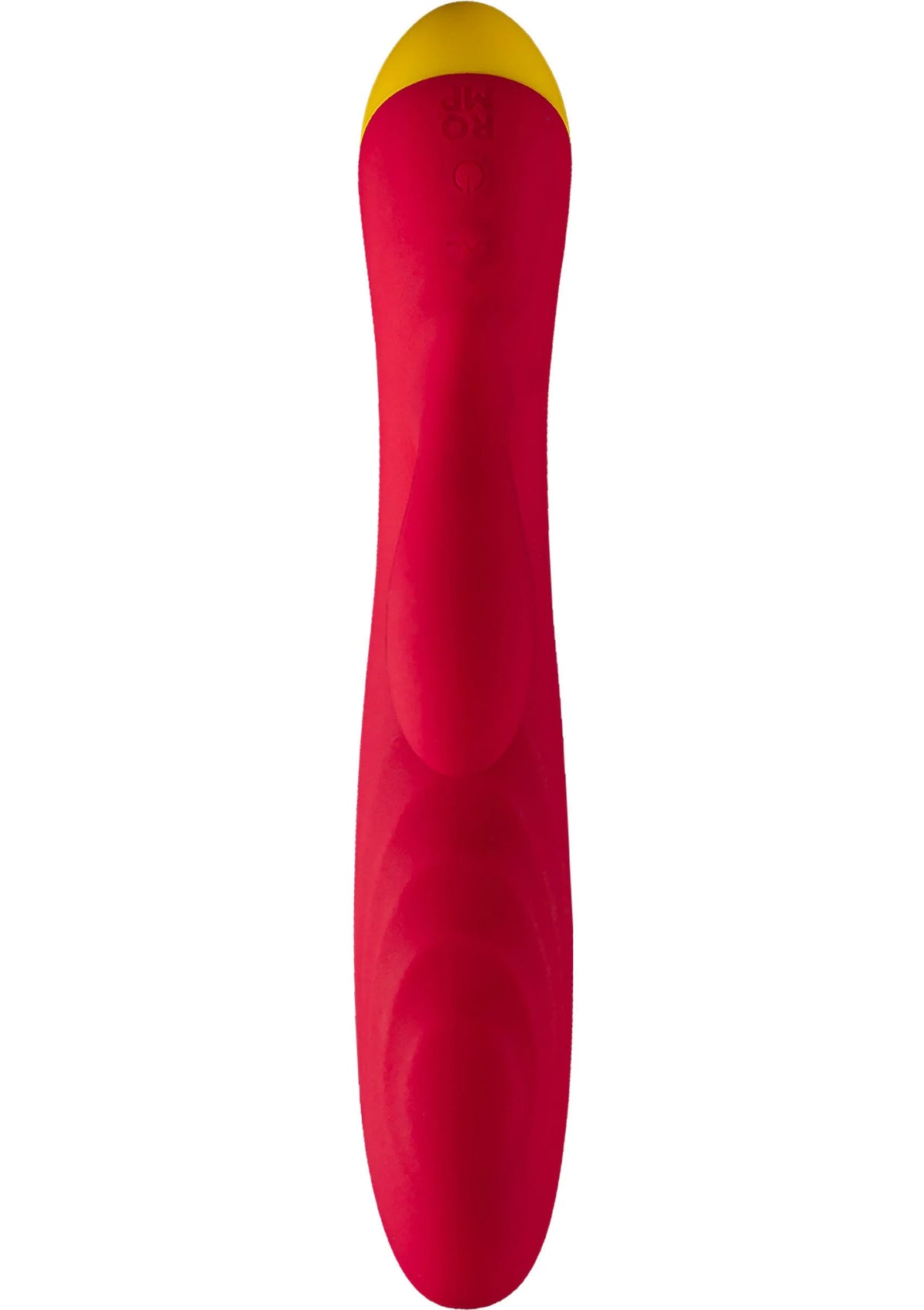 Rode seksvibrator met gele onderkant, langwerpige vorm in zijaanzicht