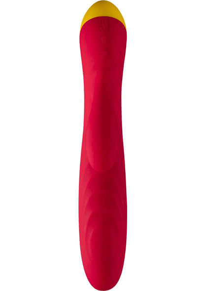 Rode seksvibrator met gele onderkant, langwerpige vorm in zijaanzicht