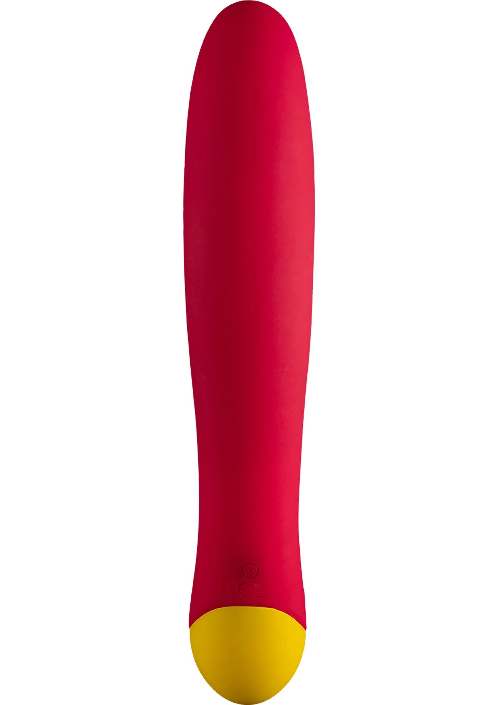 Rode seksvibrator met gele onderkant, lange cilindervorm