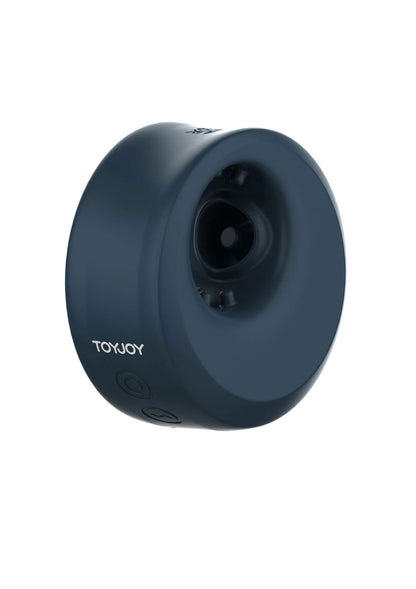 Donkerblauwe ronde masturbator met open ring en TOYJOY-logo op zijkant.