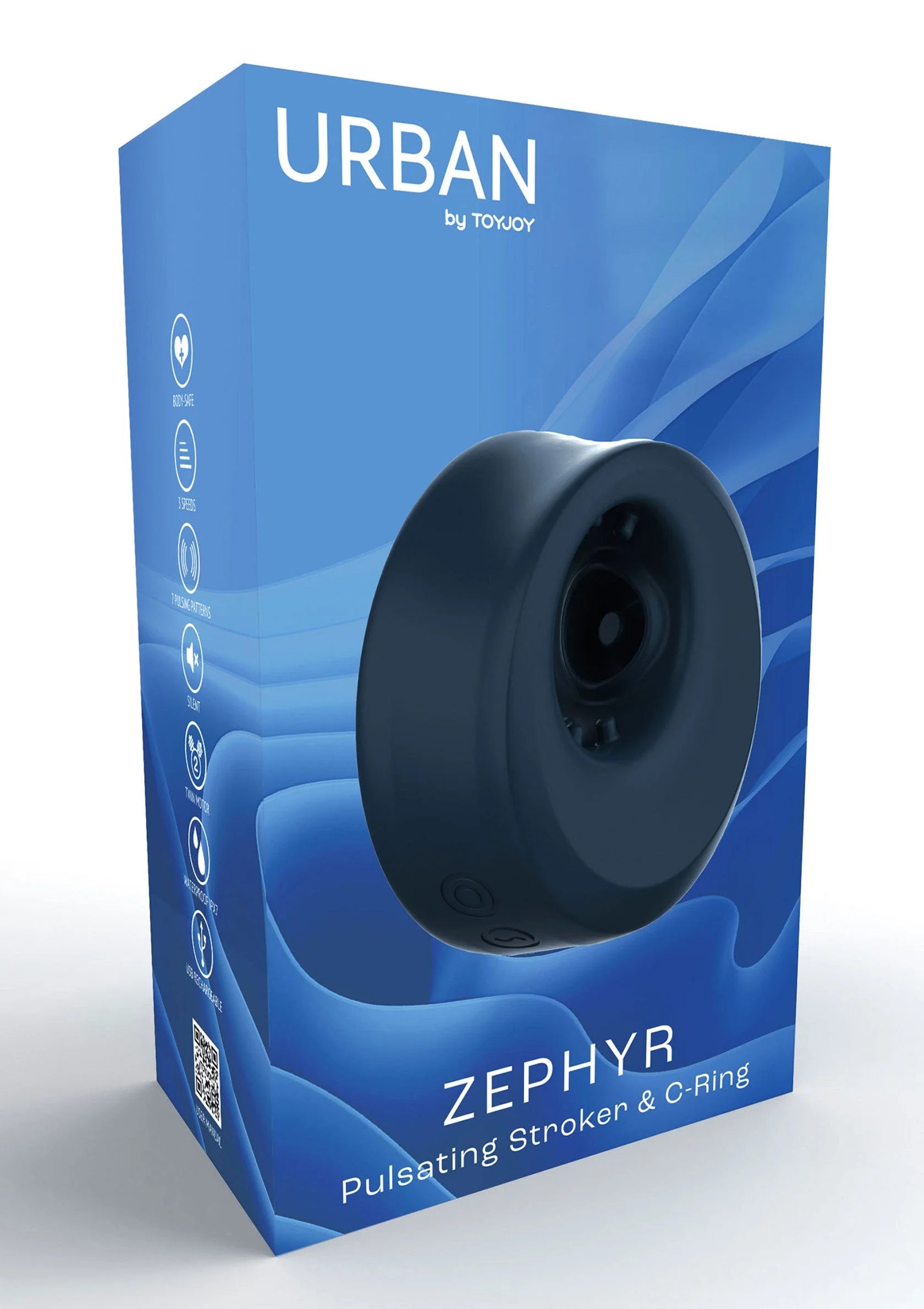 Verpakking van donkerblauwe TOYJOY C-ring masturbator met afgerond front.