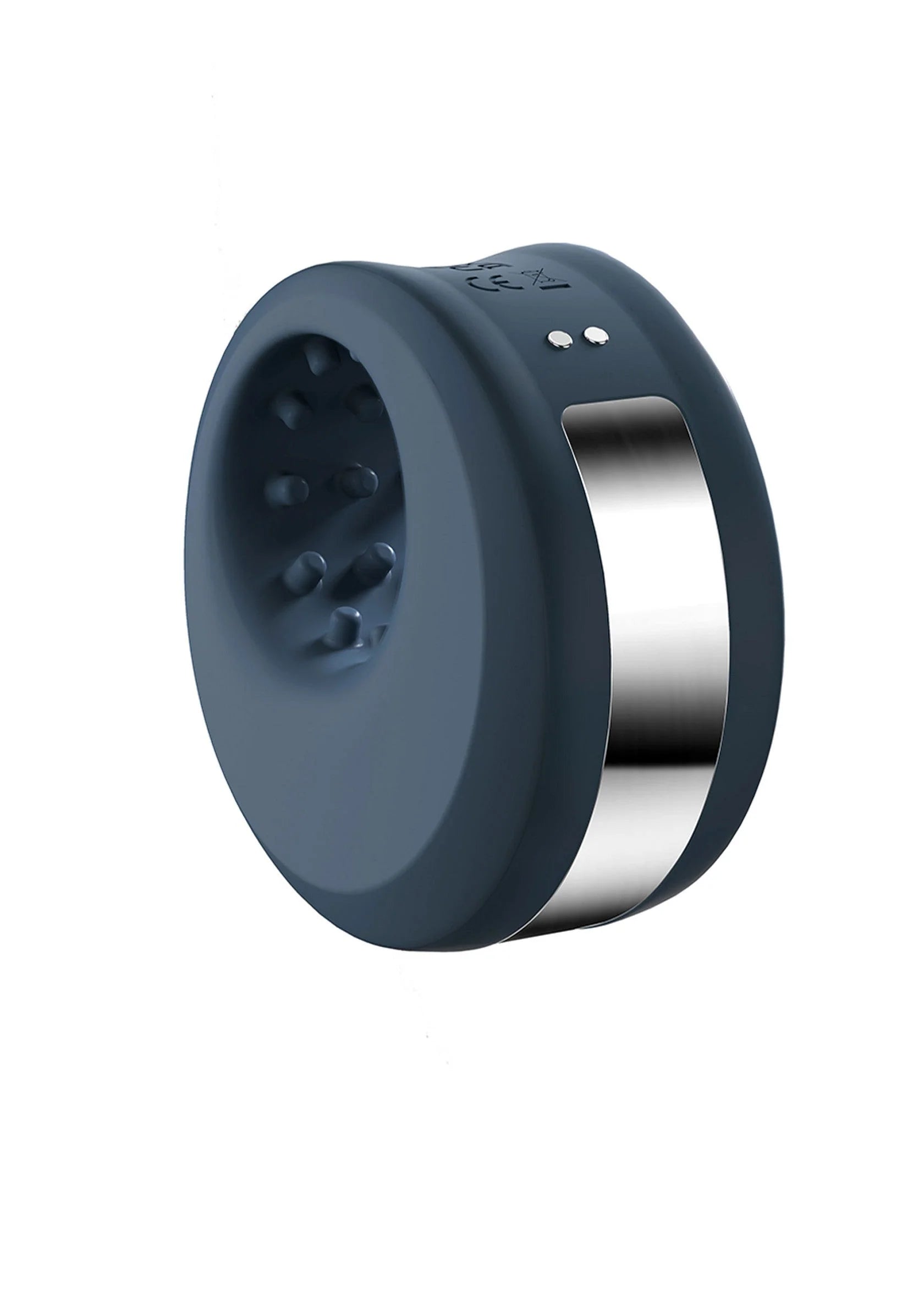 Donkerblauwe ronde masturbator met zilverkleurige metalen binnenring.