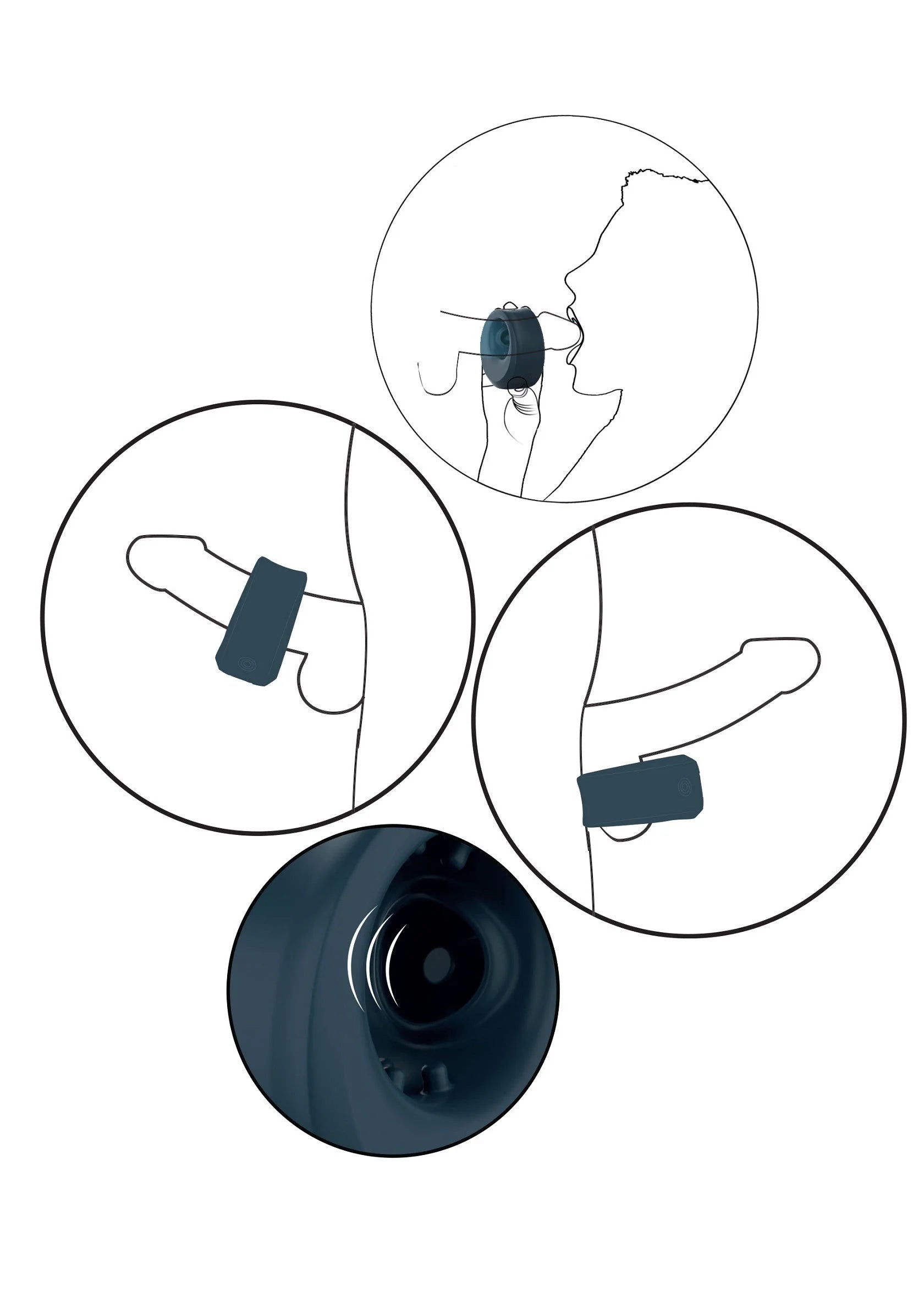 Donkerblauwe C-ring masturbator met illustraties van gebruiksposities.