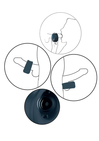 Donkerblauwe C-ring masturbator met illustraties van gebruiksposities.