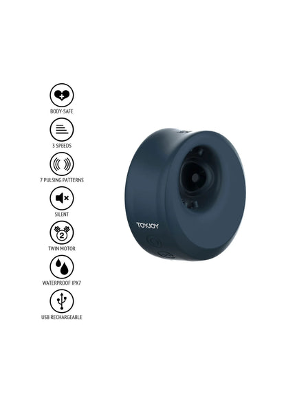 Donkerblauwe C-ring masturbator met iconen: body-safe, stil en USB oplaadbaar.