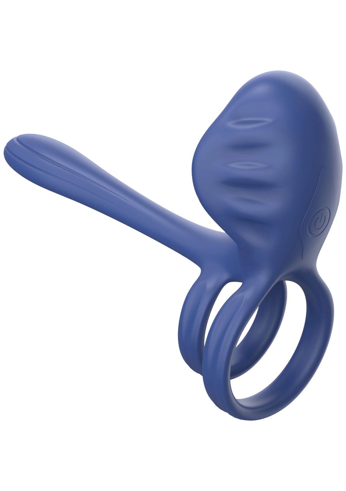 Blauwe vibratorring met lange steel en ovale lus aan de onderzijde