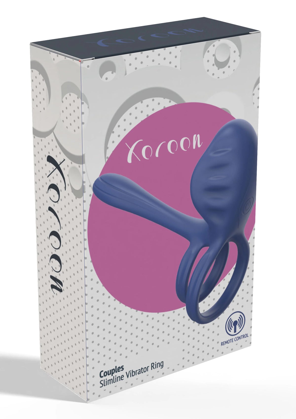 Verpakking van blauwe Couples vibratorring met Xocoon-opschrift en productfoto