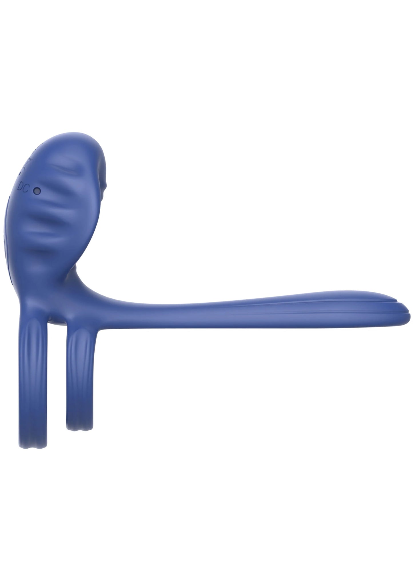 Blauwe vibratorring vanuit zijhoek, met ringlus en lange horizontale steel