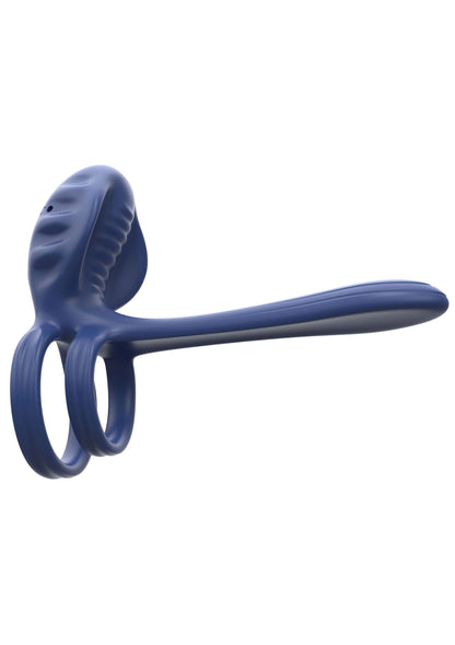 Driekwart zijaanzicht blauwe vibratorring met afgeronde kop en lusvorm