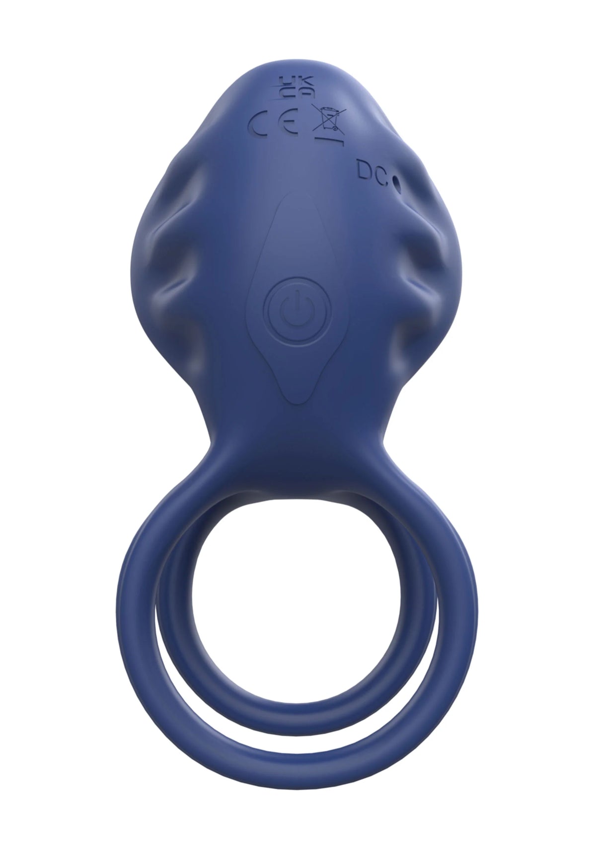 Onderzijde blauwe vibratorring met bedieningsknop en keurtekens