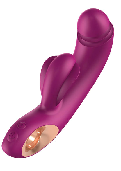 Paarse G-spot vibrator met dubbele kam en goudkleurige ovale openingen