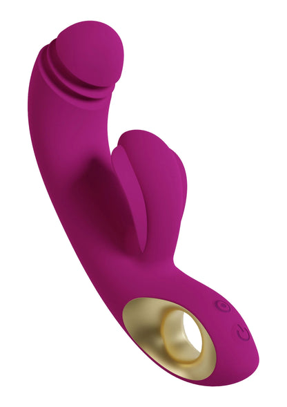 Paarse G-spot vibrator met grote ronde kop, binnenboog en goudkleurige openingen