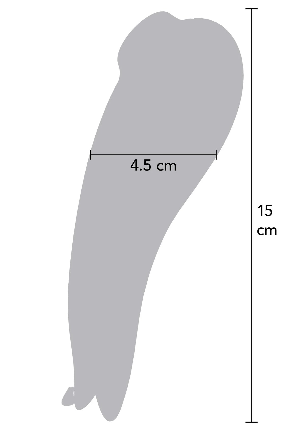 Paarse stimulator met afmetingen: 15 cm hoog en 4,5 cm breed