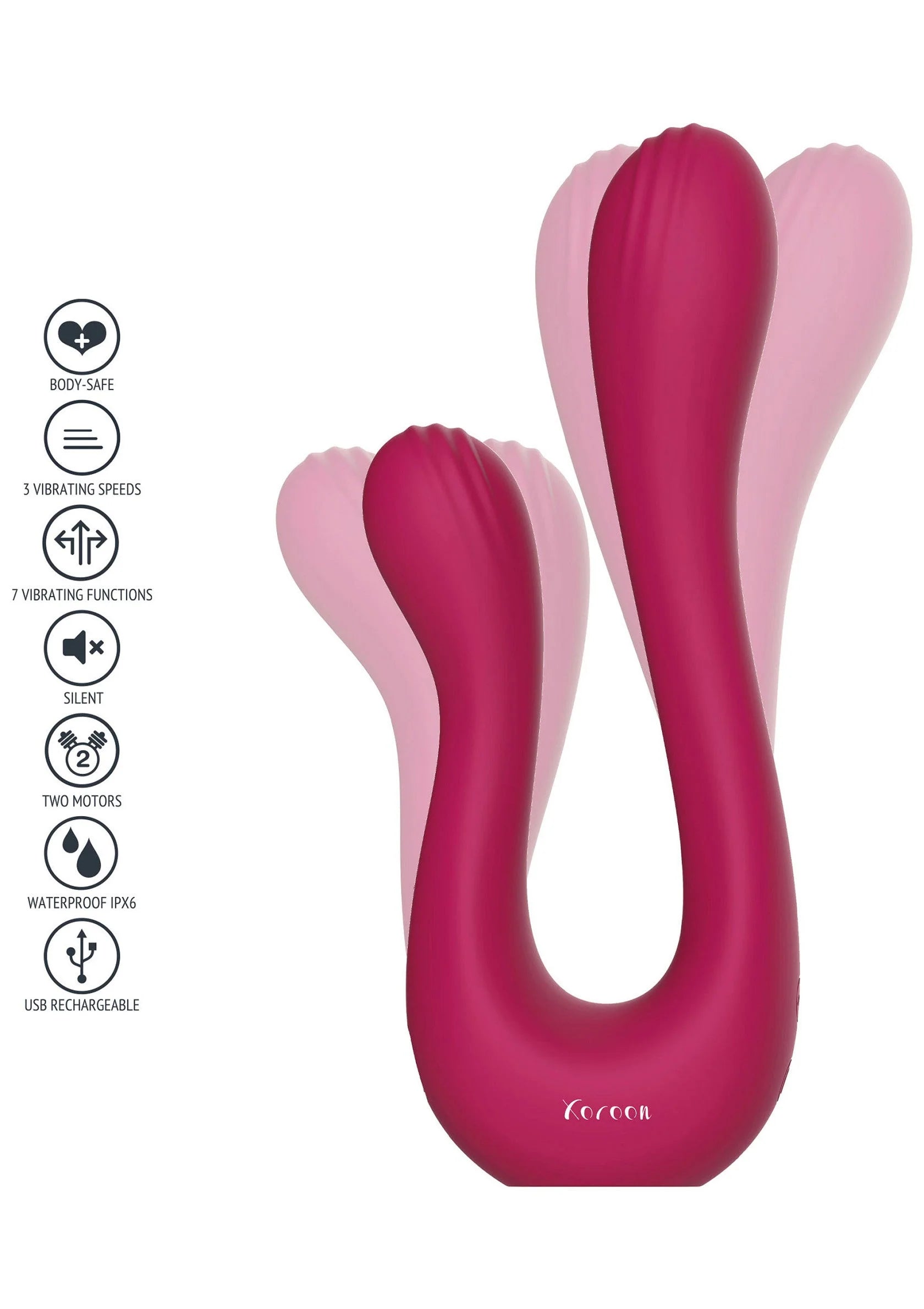 U-vormige dubbele vibrator in roze en magenta, met afgeronde uiteinden